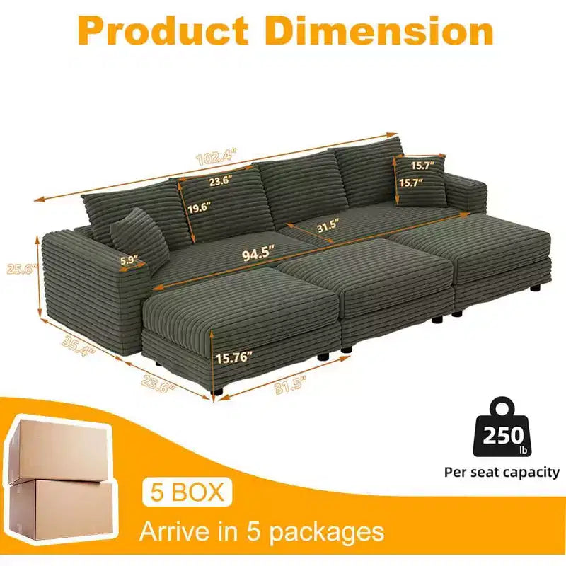 MAYEERTY 102.4 Plush Corduroy 4 Seat Sofa with Soft Pillows 3 Ottoman, Convertible Deep Seat Sofa Lunge Chair Green