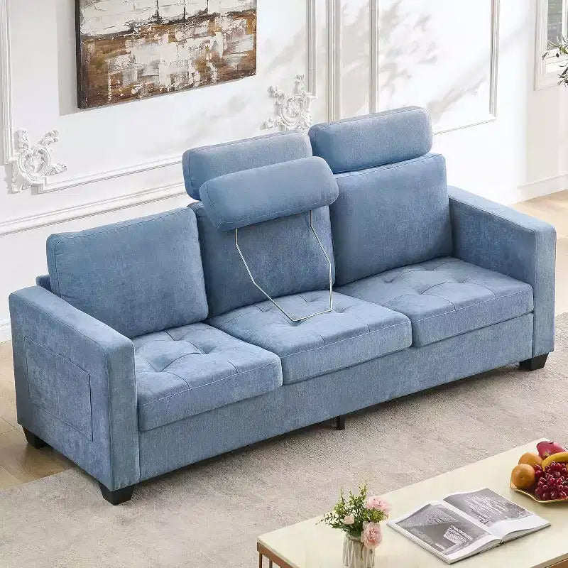 89 in Oversized 3 Seat Sofa, Chenille Fabric Upholstered Sofa with Wide Armrest, Removable Headrest and Side Storage Pockets for Home Office