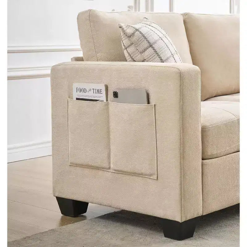 89 in Oversized 3 Seat Sofa, Chenille Fabric Upholstered Sofa with Wide Armrest, Removable Headrest and Side Storage Pockets for Home Office
