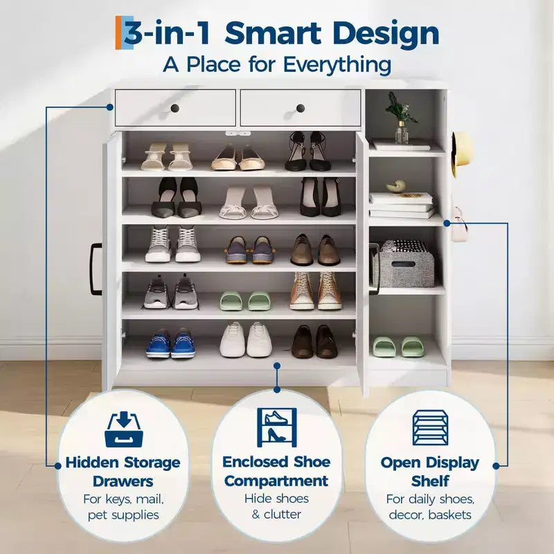 Shoe Storage Cabinet, Modern Farmhouse Shoe Rack Organizer with 6 Adjustable Shelves & 2 Drawers, Freestanding Entryway Cabinet for Living Room
