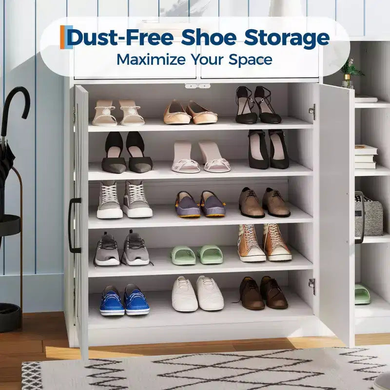 Shoe Storage Cabinet, Modern Farmhouse Shoe Rack Organizer with 6 Adjustable Shelves & 2 Drawers, Freestanding Entryway Cabinet for Living Room
