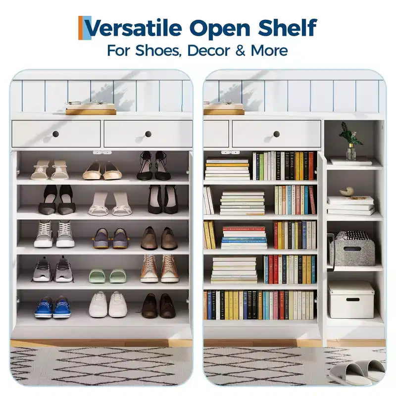 Shoe Storage Cabinet, Modern Farmhouse Shoe Rack Organizer with 6 Adjustable Shelves & 2 Drawers, Freestanding Entryway Cabinet for Living Room