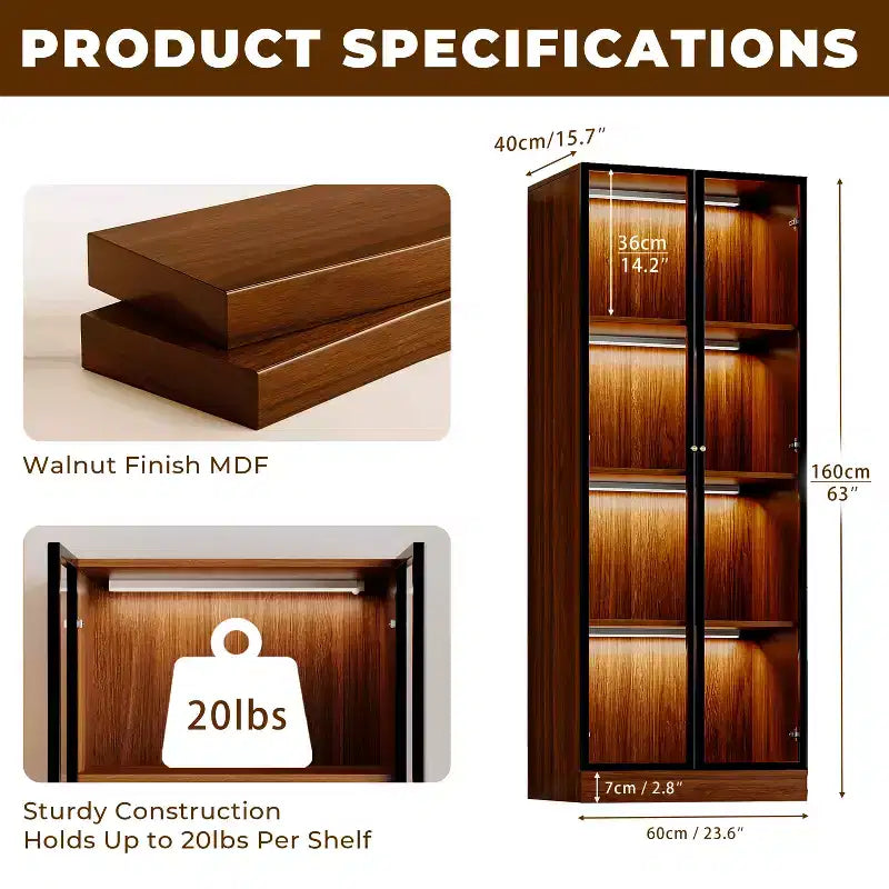 ATJafurn 23.6'' Brown Glass Display China Cabinet Liquor Curio Storage Hutch, Mid Century Modern Wooden 4-Tier Dining Shelf with Led for Living Room