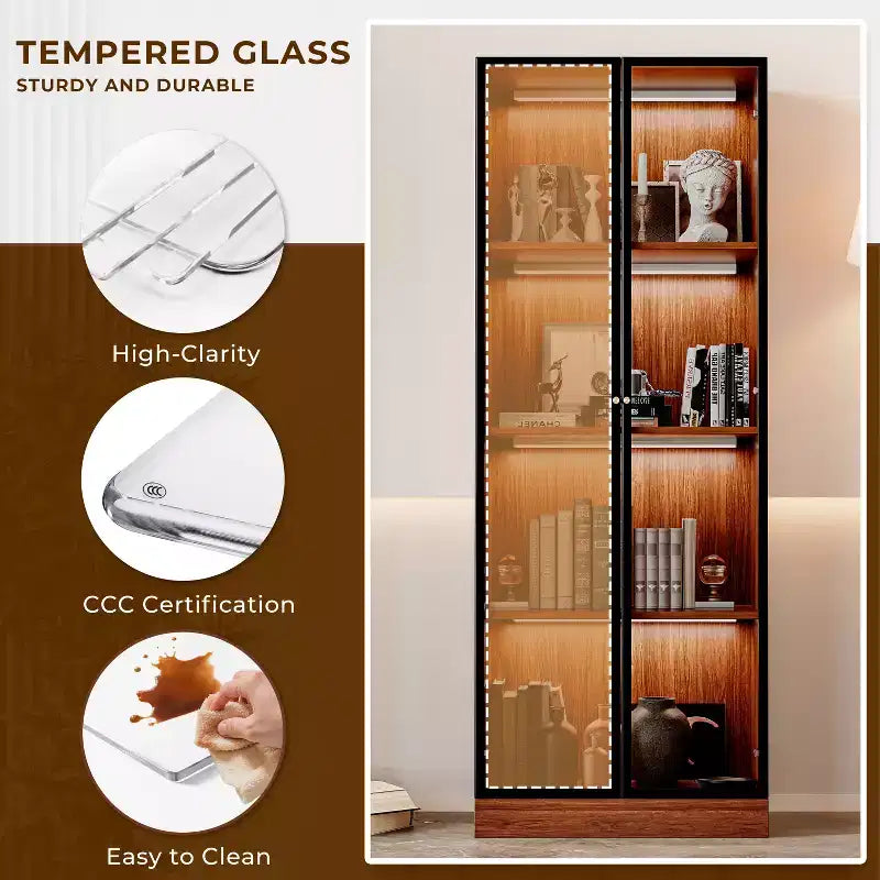 ATJafurn 23.6'' Brown Glass Display China Cabinet Liquor Curio Storage Hutch, Mid Century Modern Wooden 4-Tier Dining Shelf with Led for Living Room