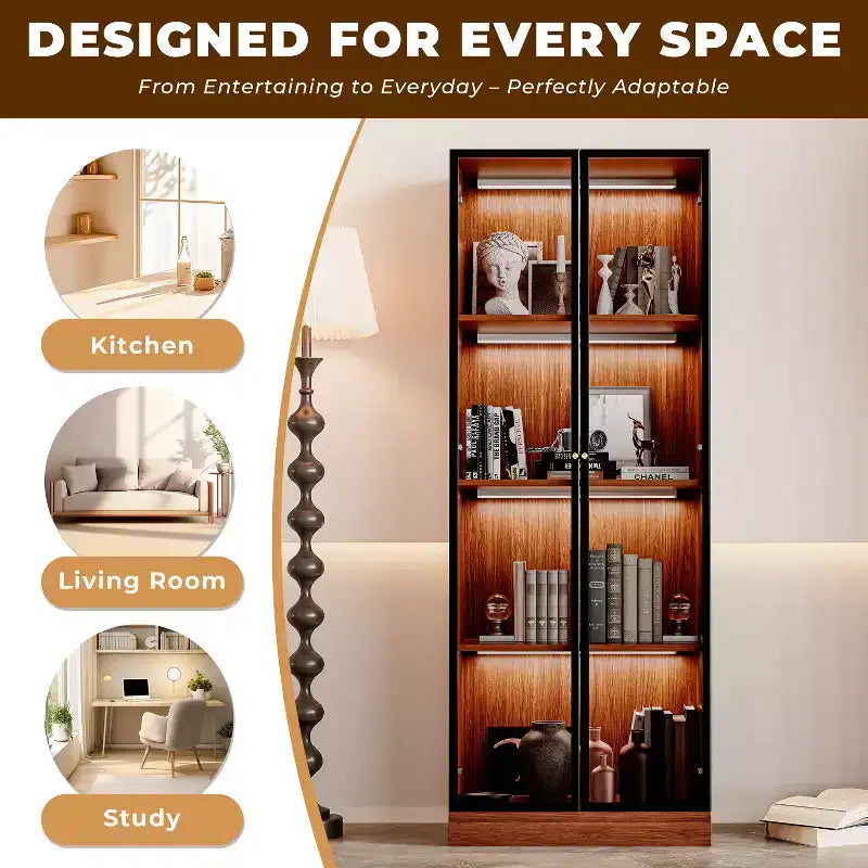 ATJafurn 23.6'' Brown Glass Display China Cabinet Liquor Curio Storage Hutch, Mid Century Modern Wooden 4-Tier Dining Shelf with Led for Living Room