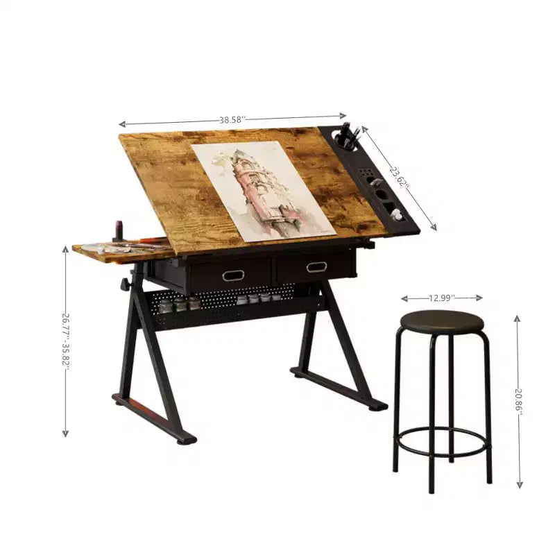 JVNOXKadjustable drawing drafting table desk with 2 drawers for home office and school with stool(brown)