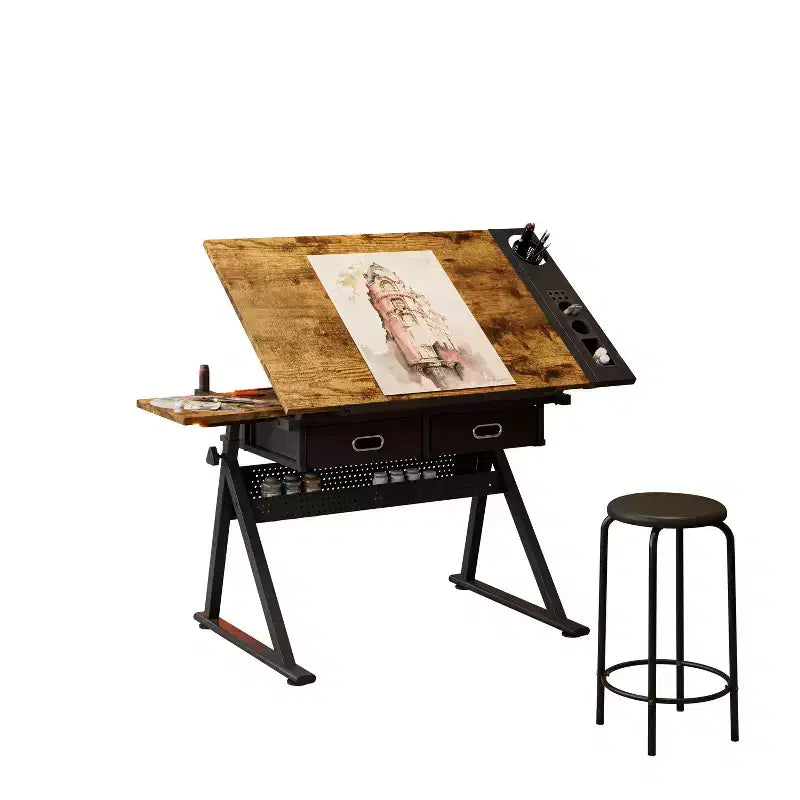 JVNOXKadjustable drawing drafting table desk with 2 drawers for home office and school with stool(brown)
