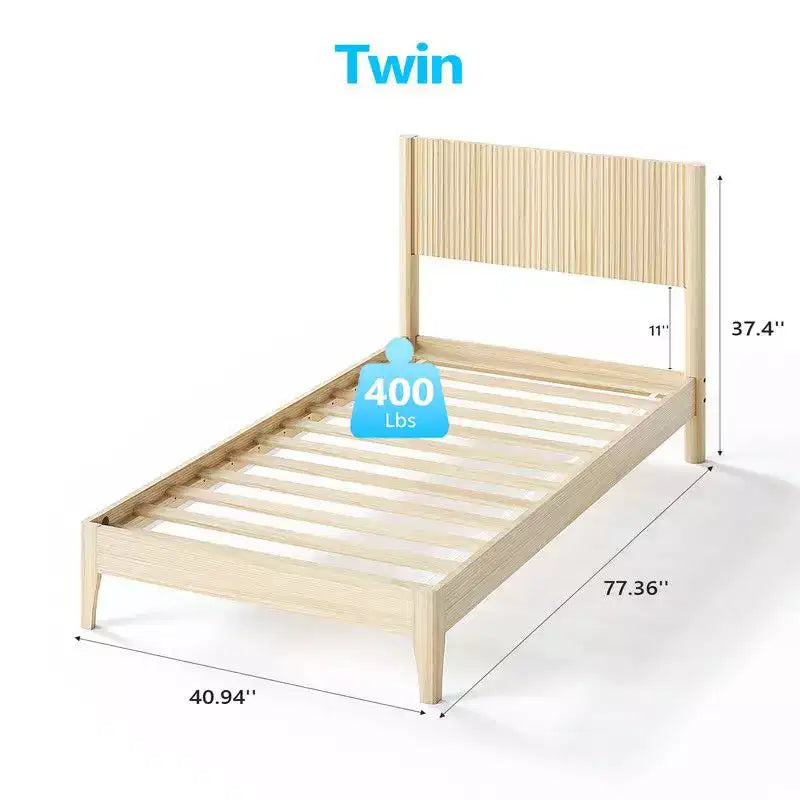 Karl Home Solid Wood Twin Bed Frame Platform Bedframe with Headboard Grille Style