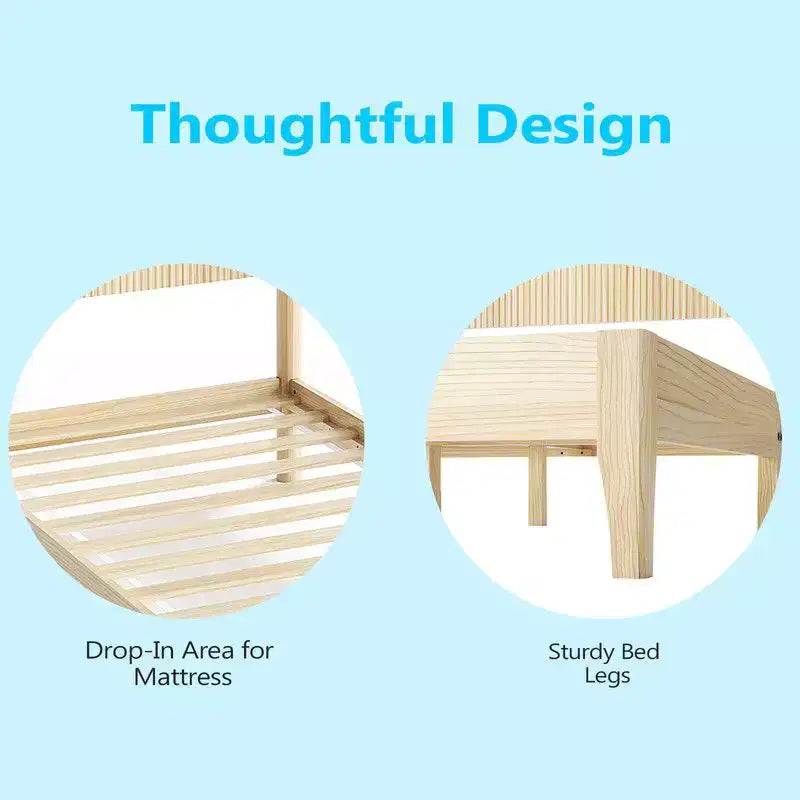 Karl Home Solid Wood Twin Bed Frame Platform Bedframe with Headboard Grille Style