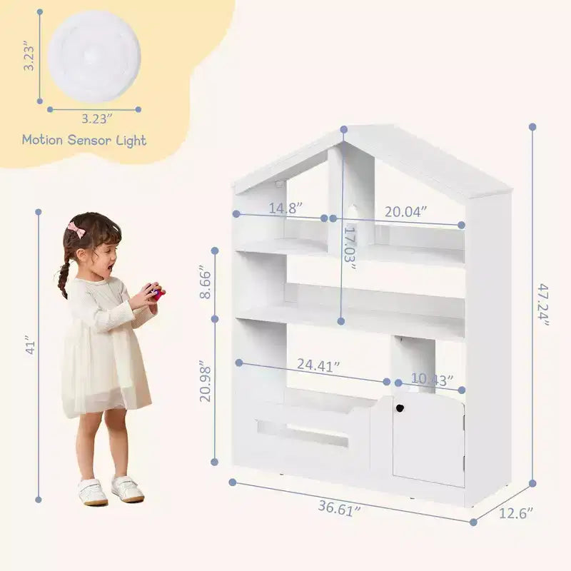 Kids Bookshelf, Toy Storage Organizer, Wooden Toddler Bookcase with Motion Sensor Light, Dollhouse Bookshelf for Bedroom, Classroom, Kindergarten