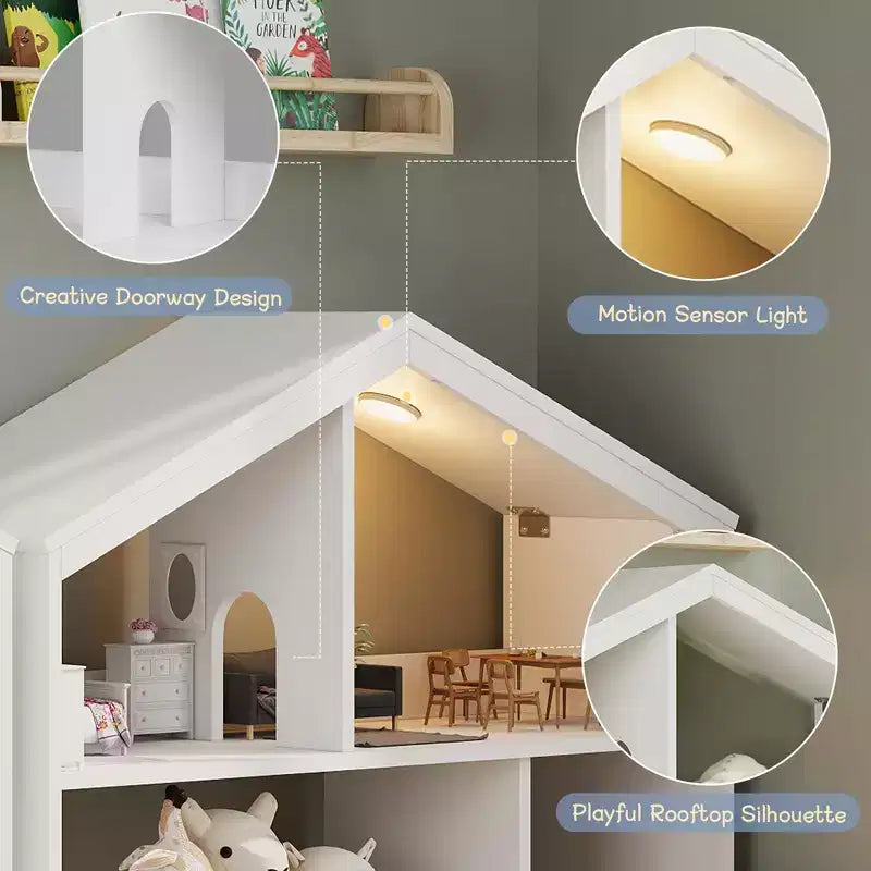 Kids Bookshelf, Toy Storage Organizer, Wooden Toddler Bookcase with Motion Sensor Light, Dollhouse Bookshelf for Bedroom, Classroom, Kindergarten