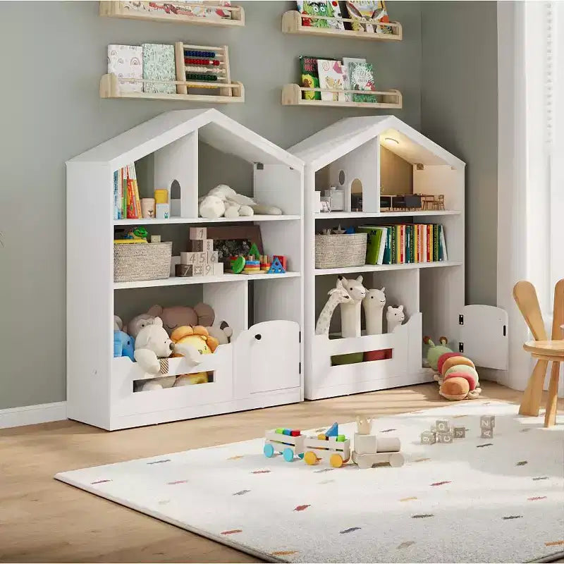 Kids Bookshelf, Toy Storage Organizer, Wooden Toddler Bookcase with Motion Sensor Light, Dollhouse Bookshelf for Bedroom, Classroom, Kindergarten