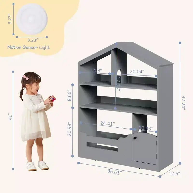 Kids Bookshelf, Toy Storage Organizer, Wooden Toddler Bookcase with Motion Sensor Light, Dollhouse Bookshelf for Bedroom, Classroom, Kindergarten