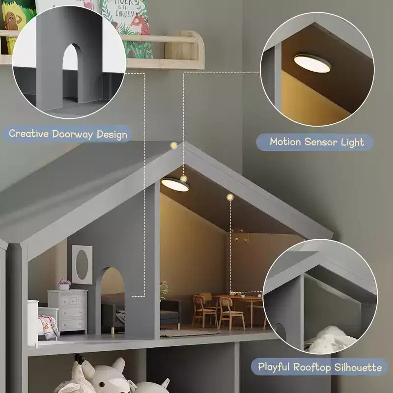 Kids Bookshelf, Toy Storage Organizer, Wooden Toddler Bookcase with Motion Sensor Light, Dollhouse Bookshelf for Bedroom, Classroom, Kindergarten