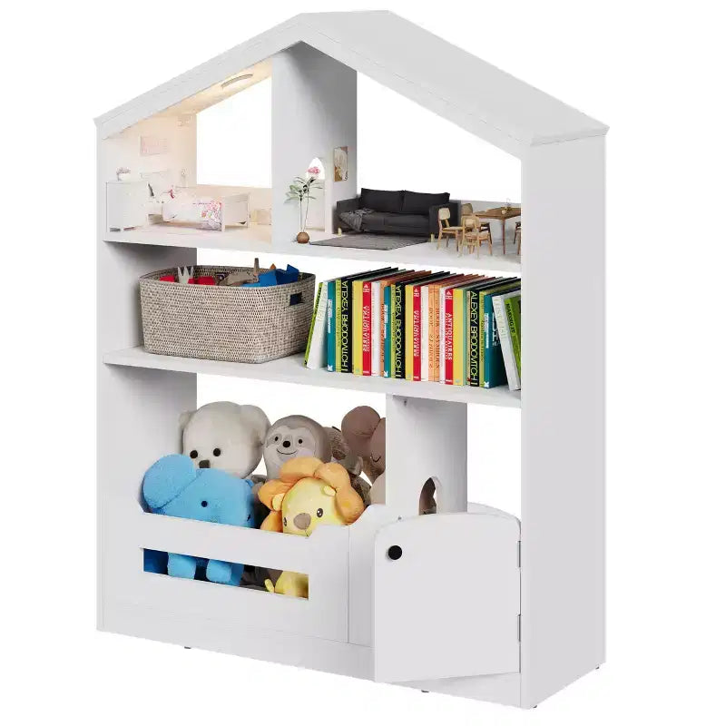 Kids Bookshelf, Toy Storage Organizer, Wooden Toddler Bookcase with Motion Sensor Light, Dollhouse Bookshelf for Bedroom, Classroom, Kindergarten