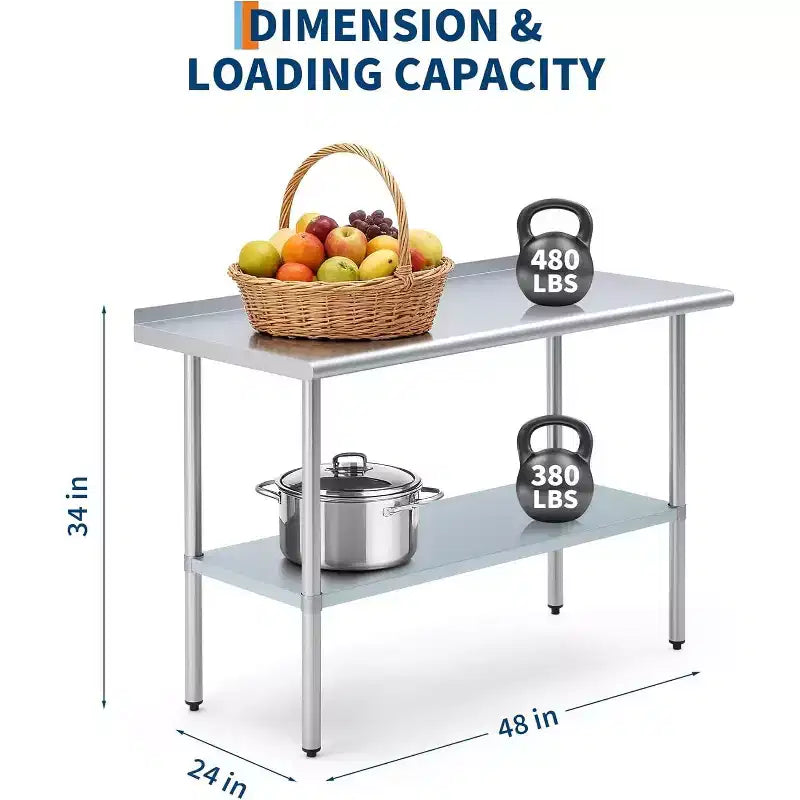 Stainless Steel Prep Table 24x48in, Commercial Kitchen Worktable with Backsplash and Adjustable Undershelf, Metal Food Prep Table for Restaurant