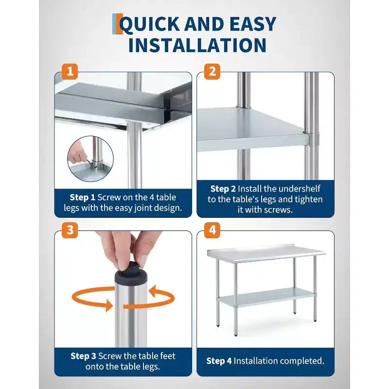 Stainless Steel Prep Table 24x48in, Commercial Kitchen Worktable with Backsplash and Adjustable Undershelf, Metal Food Prep Table for Restaurant