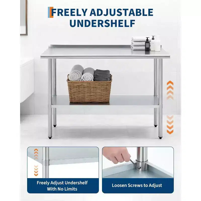 Stainless Steel Prep Table 24x48in, Commercial Kitchen Worktable with Backsplash and Adjustable Undershelf, Metal Food Prep Table for Restaurant