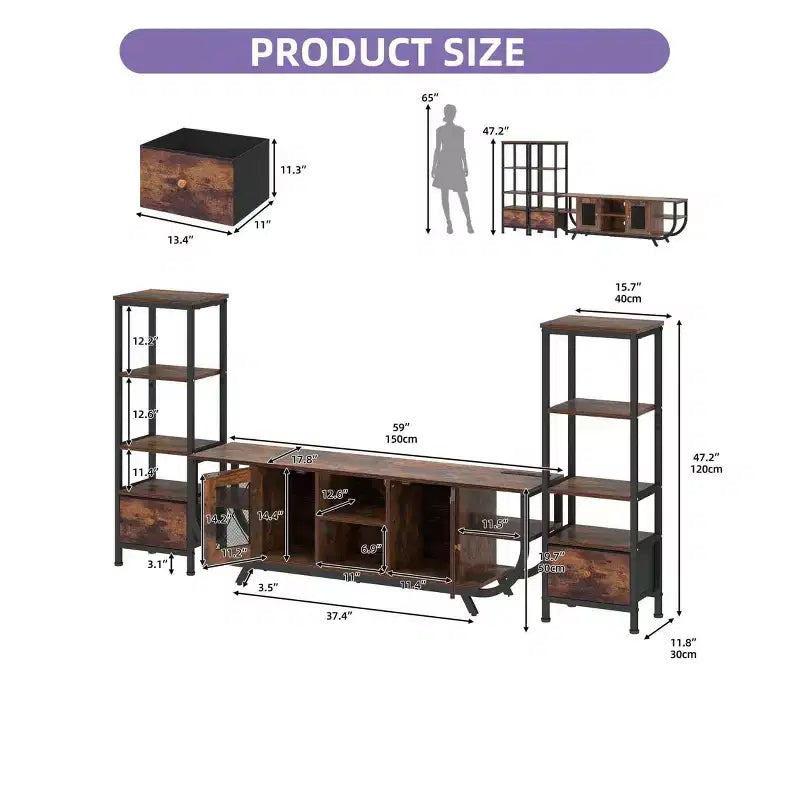 TV Stand for TVs up to 65 inch, LED Entertainment Center with 2 Bookshelf & Power Outlet,Farmhouse TV Console Cabinet with Fabric Drawer