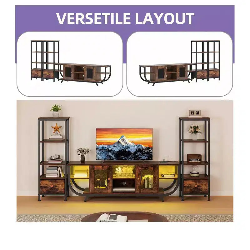 TV Stand for TVs up to 65 inch, LED Entertainment Center with 2 Bookshelf & Power Outlet,Farmhouse TV Console Cabinet with Fabric Drawer