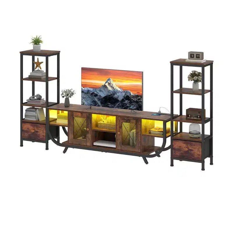 TV Stand for TVs up to 65 inch, LED Entertainment Center with 2 Bookshelf & Power Outlet,Farmhouse TV Console Cabinet with Fabric Drawer