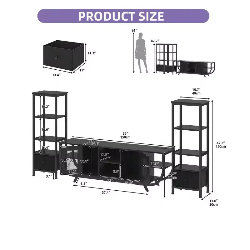TV Stand for TVs up to 65 inch, LED Entertainment Center with 2 Bookshelf & Power Outlet,Farmhouse TV Console Cabinet with Fabric Drawer