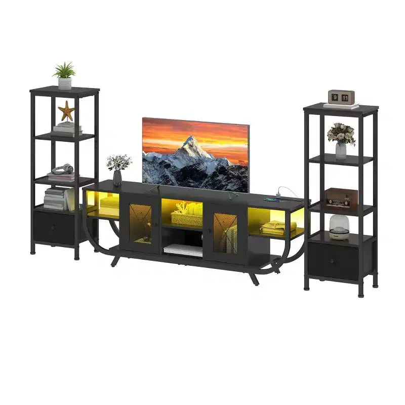 TV Stand for TVs up to 65 inch, LED Entertainment Center with 2 Bookshelf & Power Outlet,Farmhouse TV Console Cabinet with Fabric Drawer