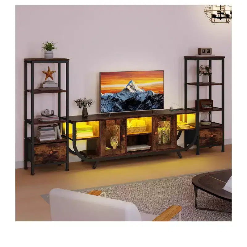 TV Stand for TVs up to 65 inch, LED Entertainment Center with 2 Bookshelf & Power Outlet,Farmhouse TV Console Cabinet with Fabric Drawer