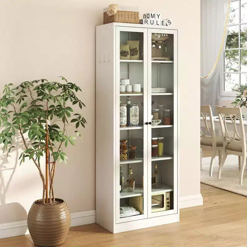 VIYET 72H Heavy-Duty Metal Kitchen Pantry Cabinet,5 Adjustable Shelves+Glass Doors,80LBS/Shelf Freestanding for Kitchen/Pantry/Bathroom(White)