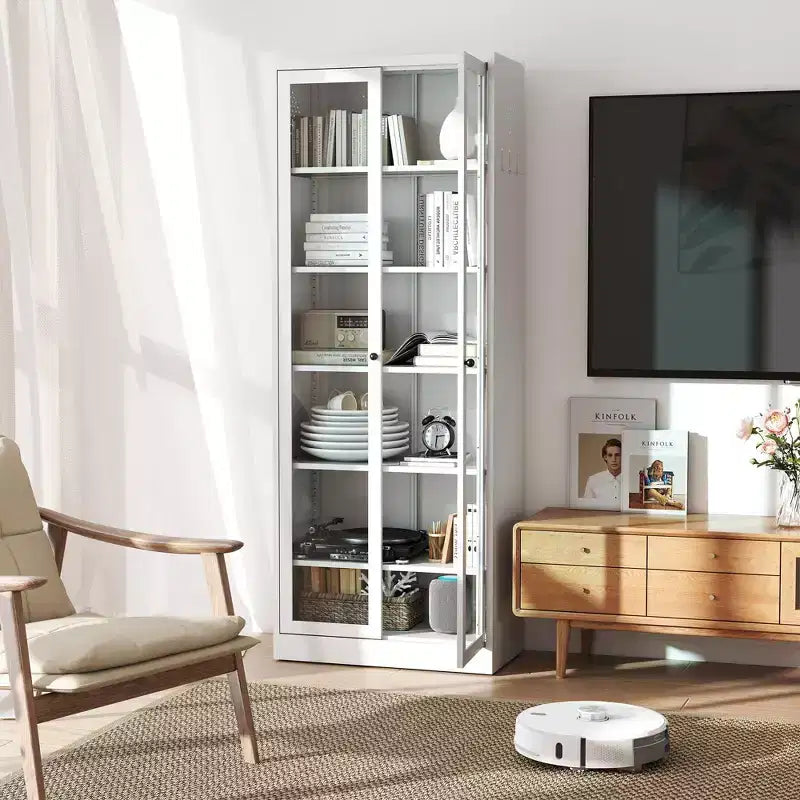 VIYET 72H Heavy-Duty Metal Kitchen Pantry Cabinet,5 Adjustable Shelves+Glass Doors,80LBS/Shelf Freestanding for Kitchen/Pantry/Bathroom(White)