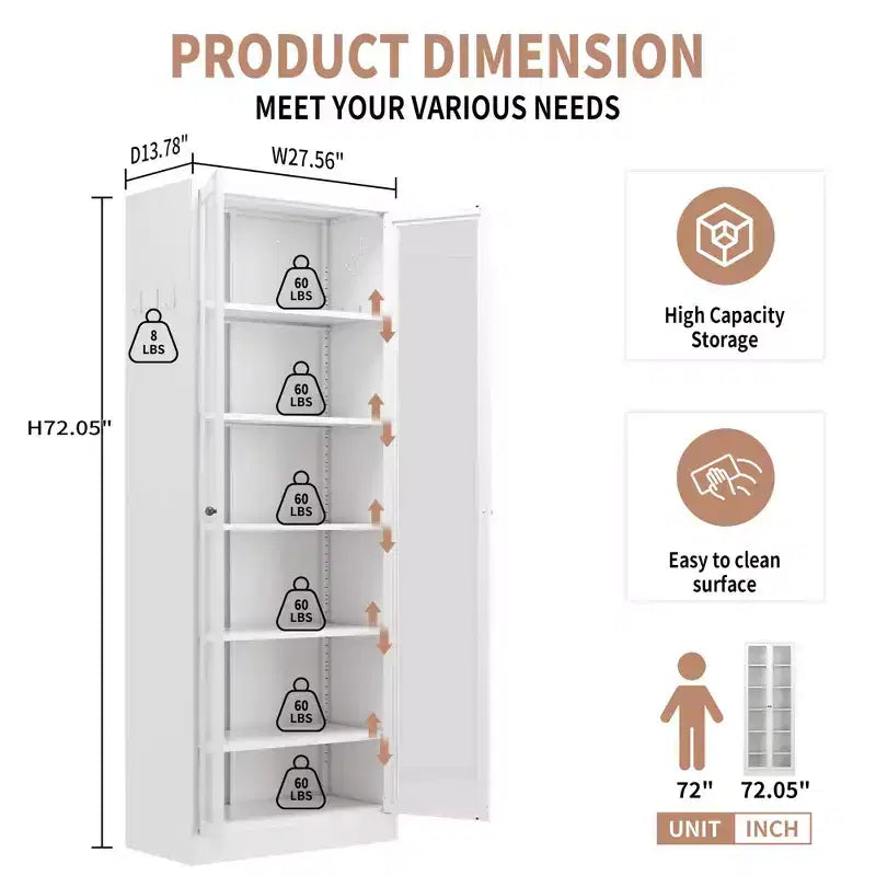 VIYET 72H Heavy-Duty Metal Kitchen Pantry Cabinet,5 Adjustable Shelves+Glass Doors,80LBS/Shelf Freestanding for Kitchen/Pantry/Bathroom(White)