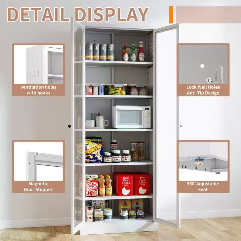 VIYET 72H Heavy-Duty Metal Kitchen Pantry Cabinet,5 Adjustable Shelves+Glass Doors,80LBS/Shelf Freestanding for Kitchen/Pantry/Bathroom(White)