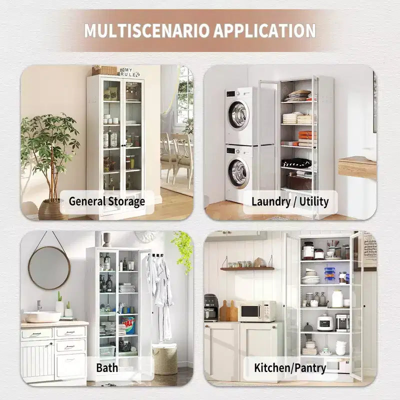 VIYET 72H Heavy-Duty Metal Kitchen Pantry Cabinet,5 Adjustable Shelves+Glass Doors,80LBS/Shelf Freestanding for Kitchen/Pantry/Bathroom(White)