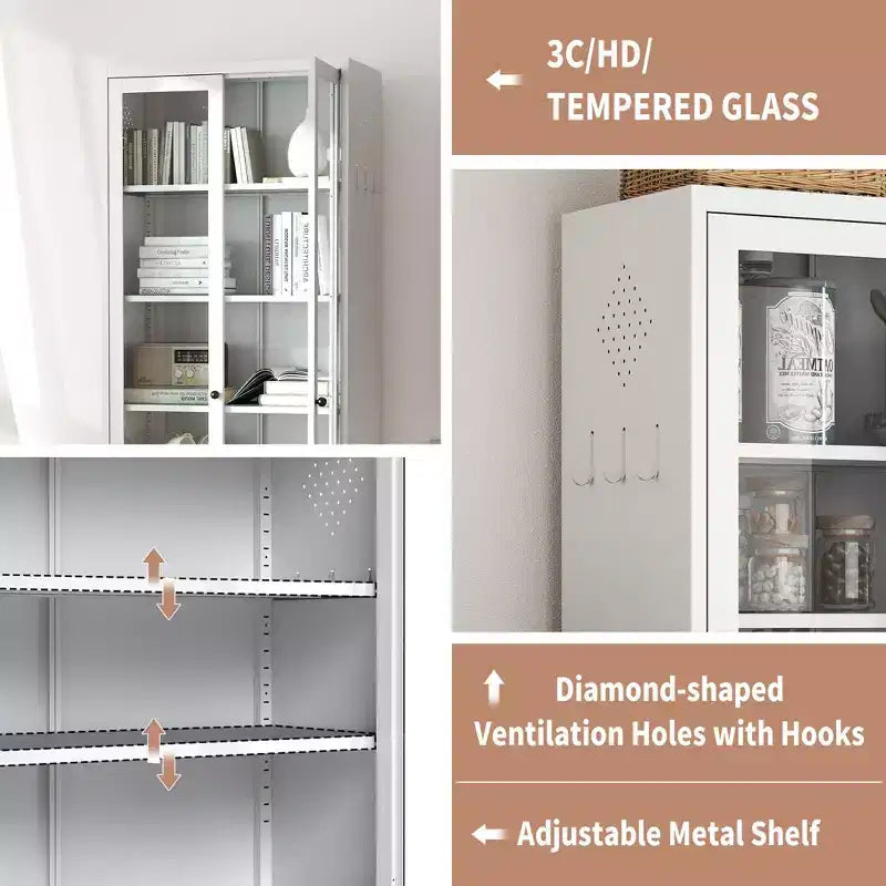 VIYET 72H Heavy-Duty Metal Kitchen Pantry Cabinet,5 Adjustable Shelves+Glass Doors,80LBS/Shelf Freestanding for Kitchen/Pantry/Bathroom(White)