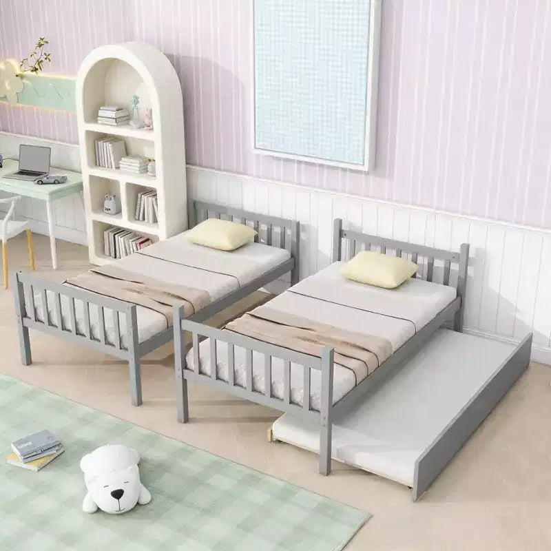 Luxystar Twin Over Twin Modern Wood Bunk Bed with Trundle, Convertible into 2 Beds