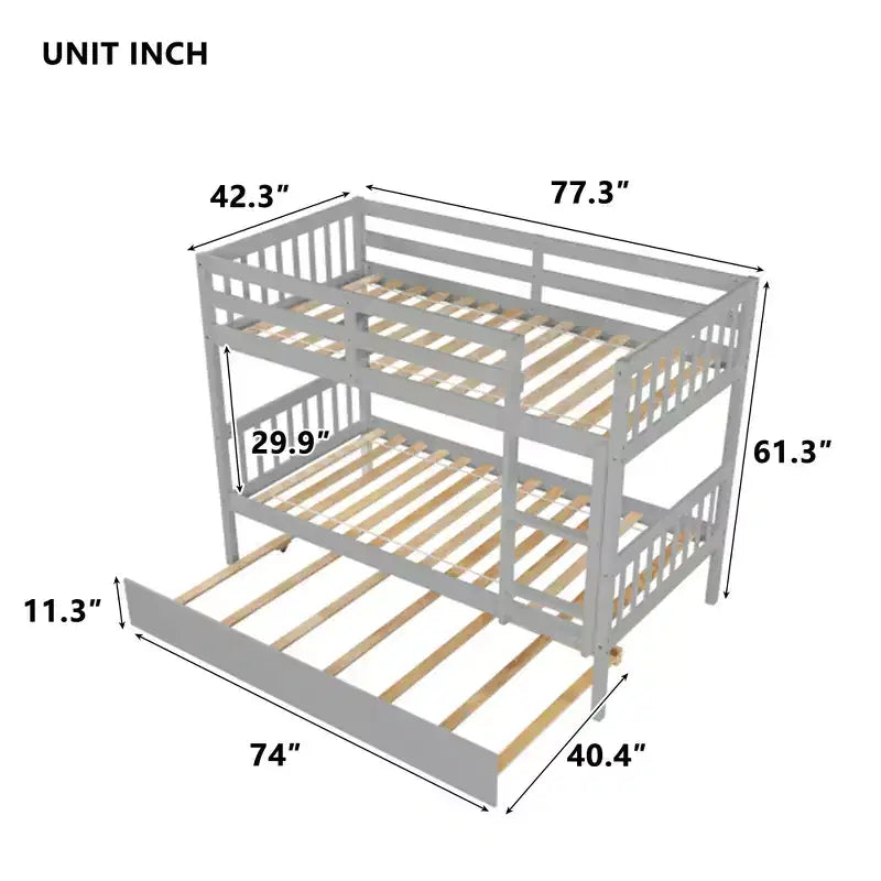 Luxystar Twin Over Twin Modern Wood Bunk Bed with Trundle, Convertible into 2 Beds