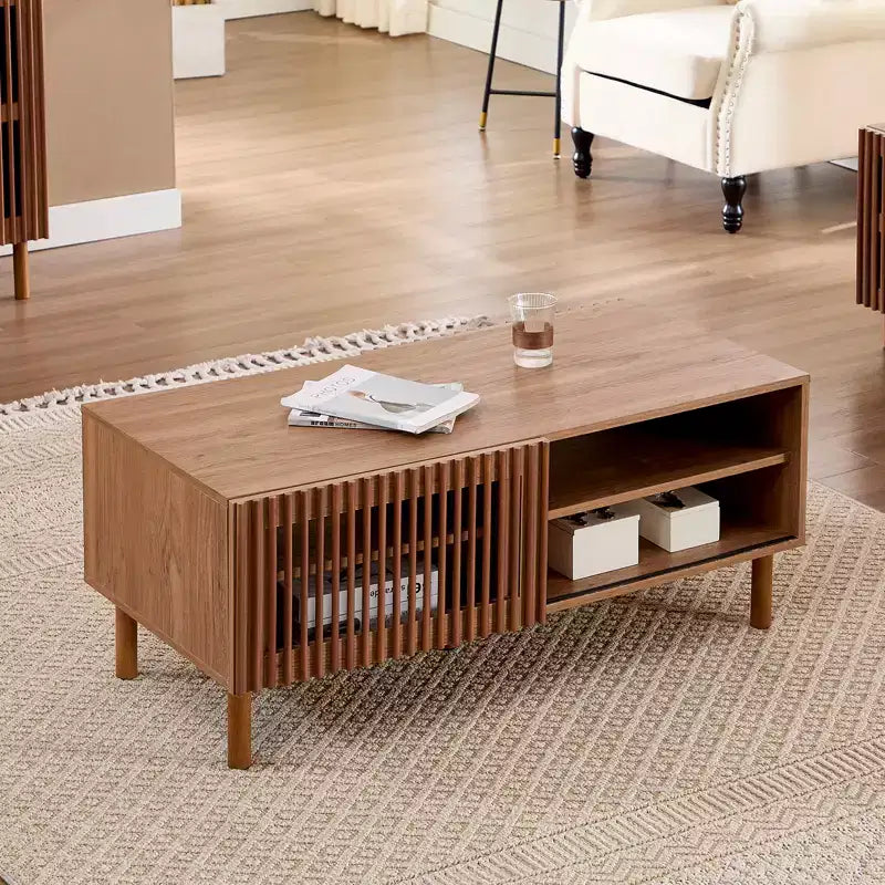 Bestier Modern Coffee Table with Storage, 44 Center Table with Fluted Sliding Doors and Dual Side Storage Shelves, Solid Wood Legs for Living Room