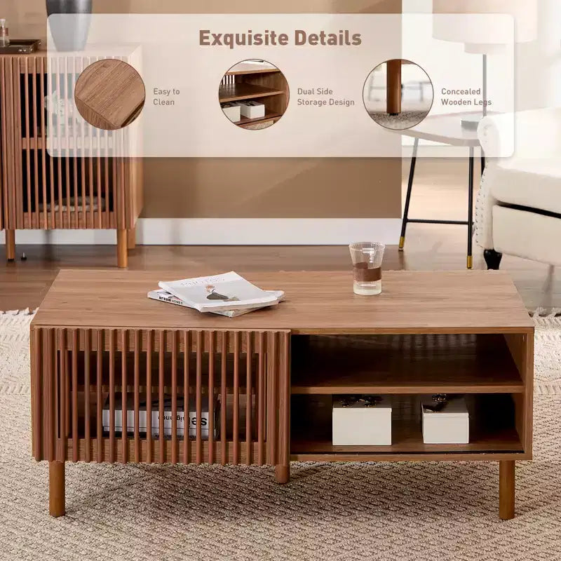 Bestier Modern Coffee Table with Storage, 44 Center Table with Fluted Sliding Doors and Dual Side Storage Shelves, Solid Wood Legs for Living Room