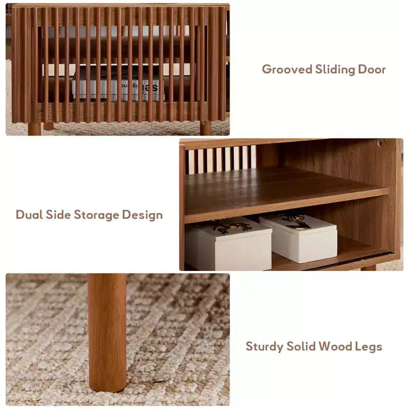 Bestier Modern Coffee Table with Storage, 44 Center Table with Fluted Sliding Doors and Dual Side Storage Shelves, Solid Wood Legs for Living Room