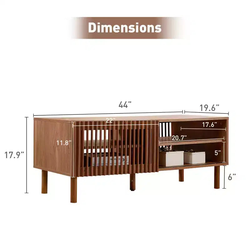 Bestier Modern Coffee Table with Storage, 44 Center Table with Fluted Sliding Doors and Dual Side Storage Shelves, Solid Wood Legs for Living Room
