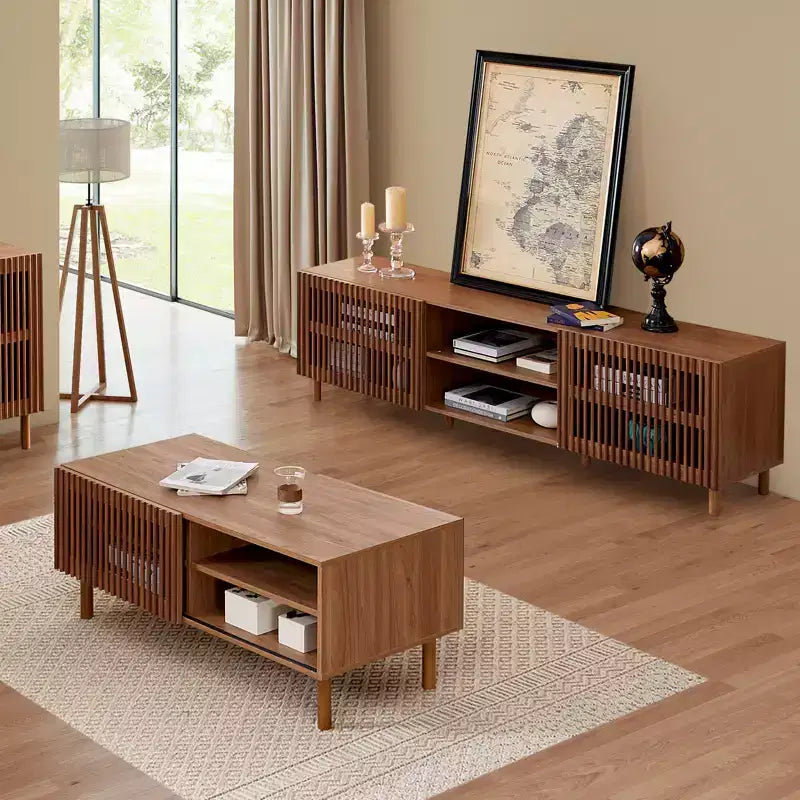 Bestier Modern Coffee Table with Storage, 44 Center Table with Fluted Sliding Doors and Dual Side Storage Shelves, Solid Wood Legs for Living Room