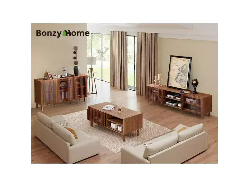 Bestier Modern Coffee Table with Storage, 44 Center Table with Fluted Sliding Doors and Dual Side Storage Shelves, Solid Wood Legs for Living Room