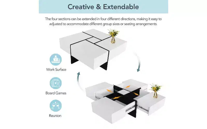 TUYOHW Extendable Puzzle-Top Coffee Table with 4 Hidden Storage, Smart Center Table, Square Table with Extendable Sliding Tabletop, Living Room Table
