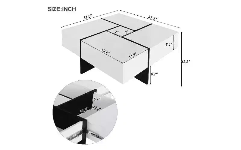 TUYOHW Extendable Puzzle-Top Coffee Table with 4 Hidden Storage, Smart Center Table, Square Table with Extendable Sliding Tabletop, Living Room Table