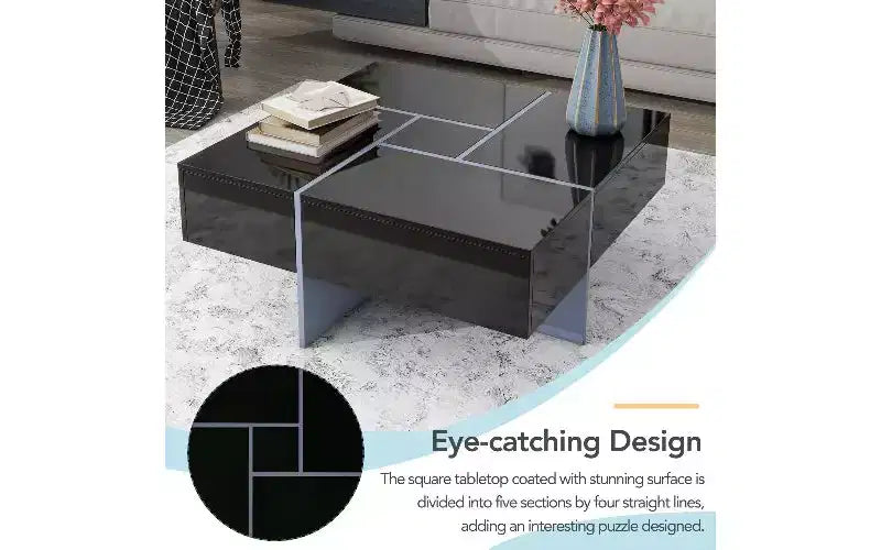TUYOHW Extendable Puzzle-Top Coffee Table with 4 Hidden Storage, Smart Center Table, Square Table with Extendable Sliding Tabletop, Living Room Table