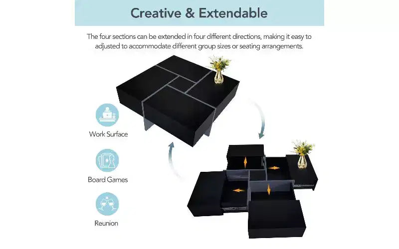 TUYOHW Extendable Puzzle-Top Coffee Table with 4 Hidden Storage, Smart Center Table, Square Table with Extendable Sliding Tabletop, Living Room Table