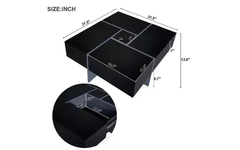TUYOHW Extendable Puzzle-Top Coffee Table with 4 Hidden Storage, Smart Center Table, Square Table with Extendable Sliding Tabletop, Living Room Table