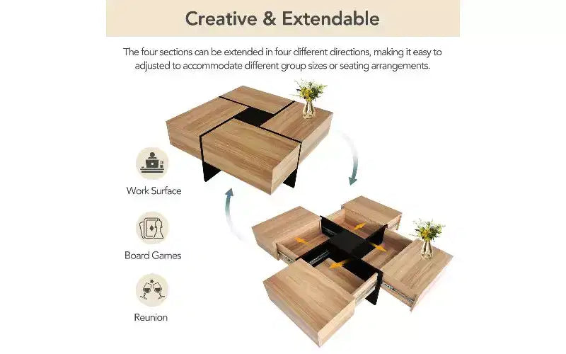 TUYOHW Extendable Puzzle-Top Coffee Table with 4 Hidden Storage, Smart Center Table, Square Table with Extendable Sliding Tabletop, Living Room Table