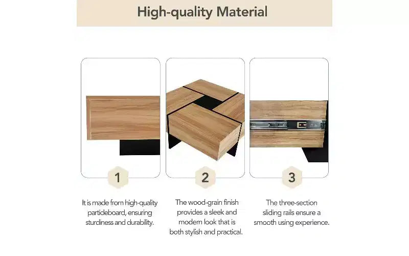 TUYOHW Extendable Puzzle-Top Coffee Table with 4 Hidden Storage, Smart Center Table, Square Table with Extendable Sliding Tabletop, Living Room Table