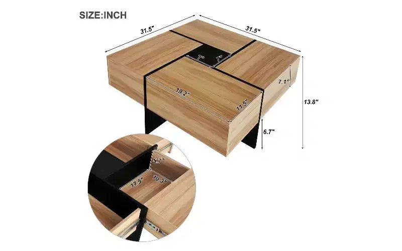 TUYOHW Extendable Puzzle-Top Coffee Table with 4 Hidden Storage, Smart Center Table, Square Table with Extendable Sliding Tabletop, Living Room Table